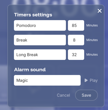 Eigenfocus - Pomodoro timer configuration
