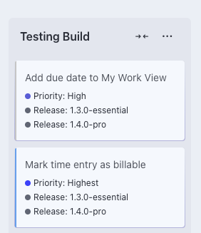 Eigenfocus board view showing custom field badges for priority and multiple releases